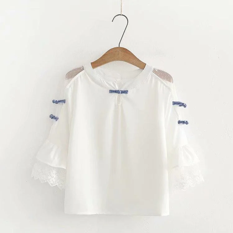 Women's Sweet Sheer Bowknots Mess Hem Sleeved Shirts 