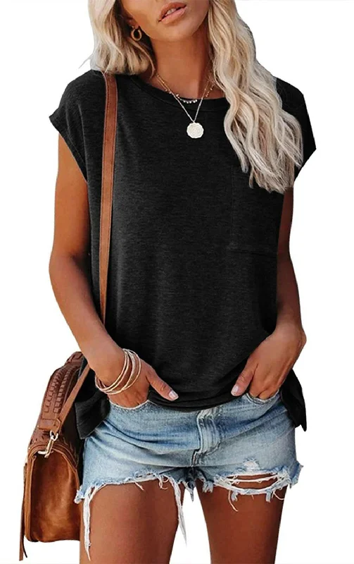 Women's Tank Top Solid Color Simple Pocket Side Slit Crew Neck Sleeveless T-Shirt